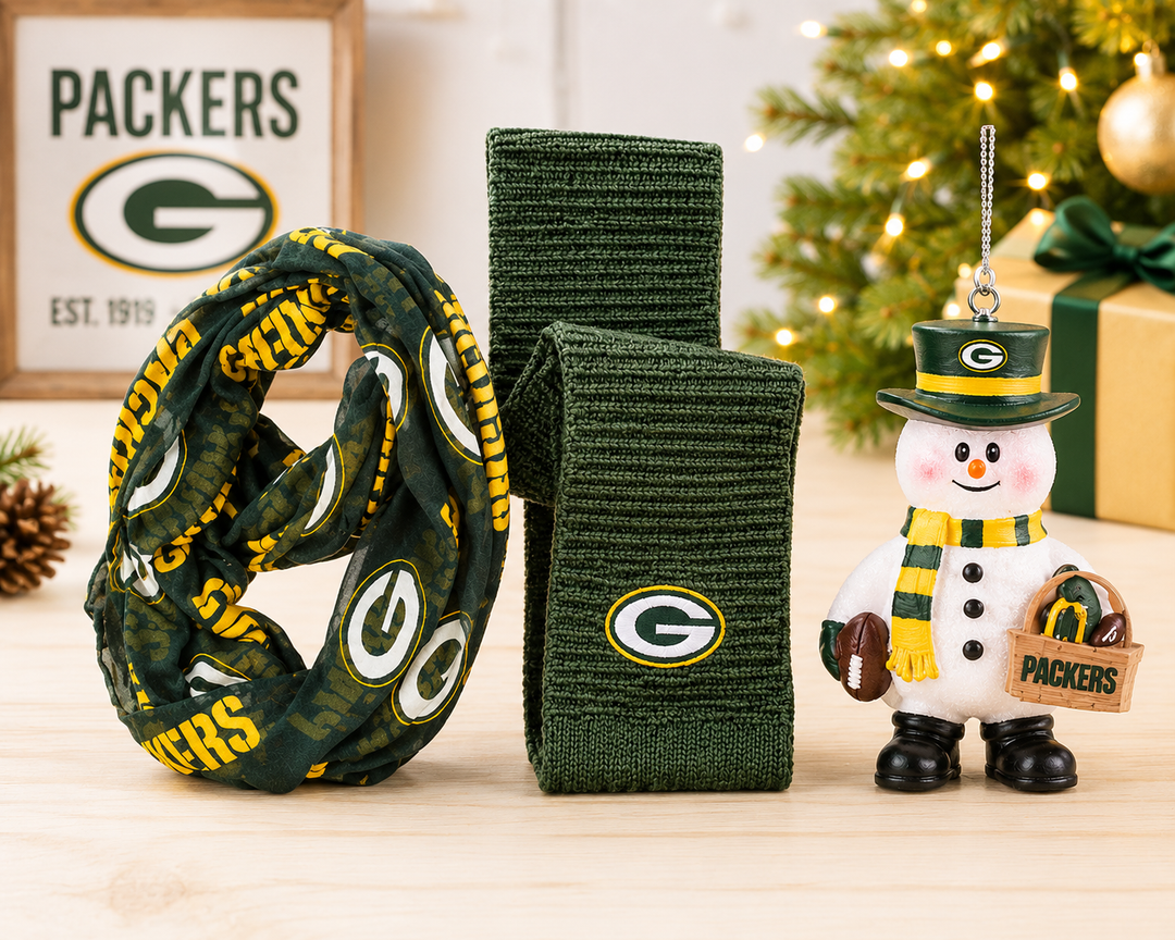 Green Bay Packers NFL Scarf + Wristband + Snowman Ornament Bundle – One Size (UK Stock)