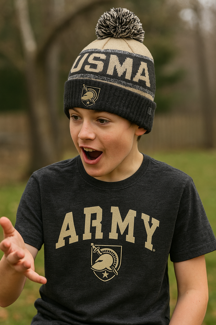Army Black Knights NCAA UK Top of the World Youth Below Zero Cuffed Knit Hat With Pom - Tan