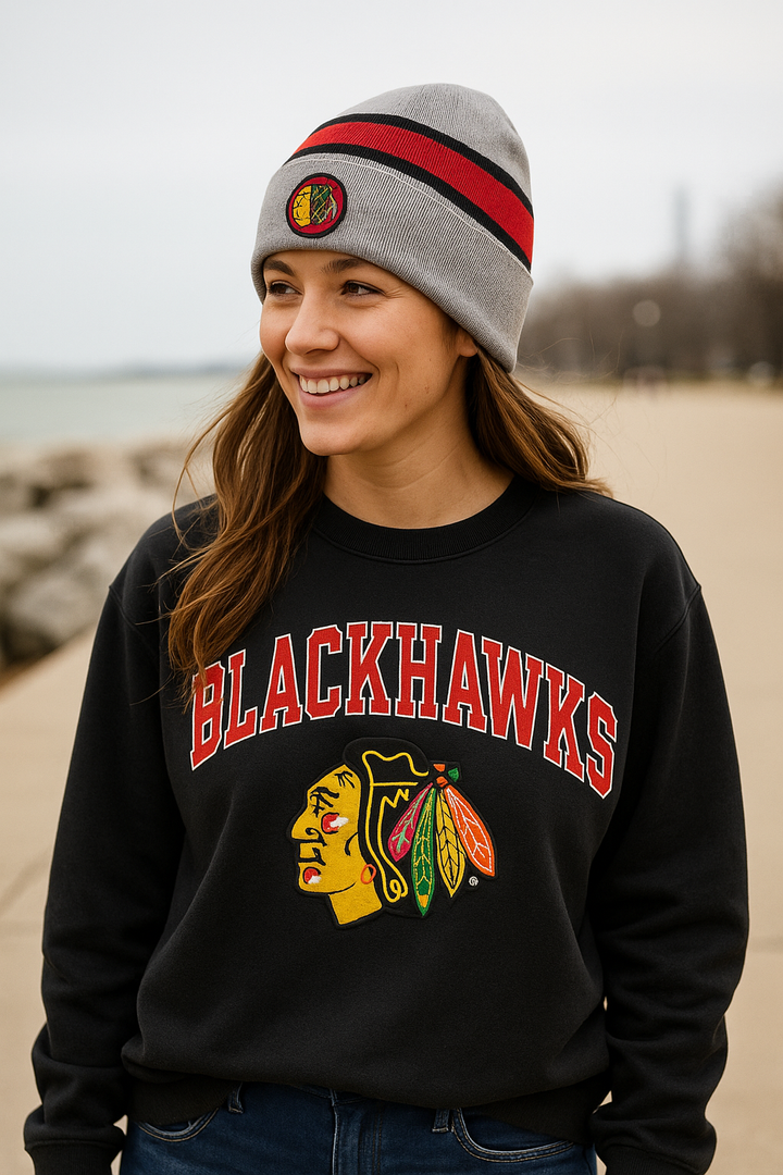 Chicago Blackhawks NHL UK Fanatics Branded Logo Cuffed Knit Beanie - Heathered Gray