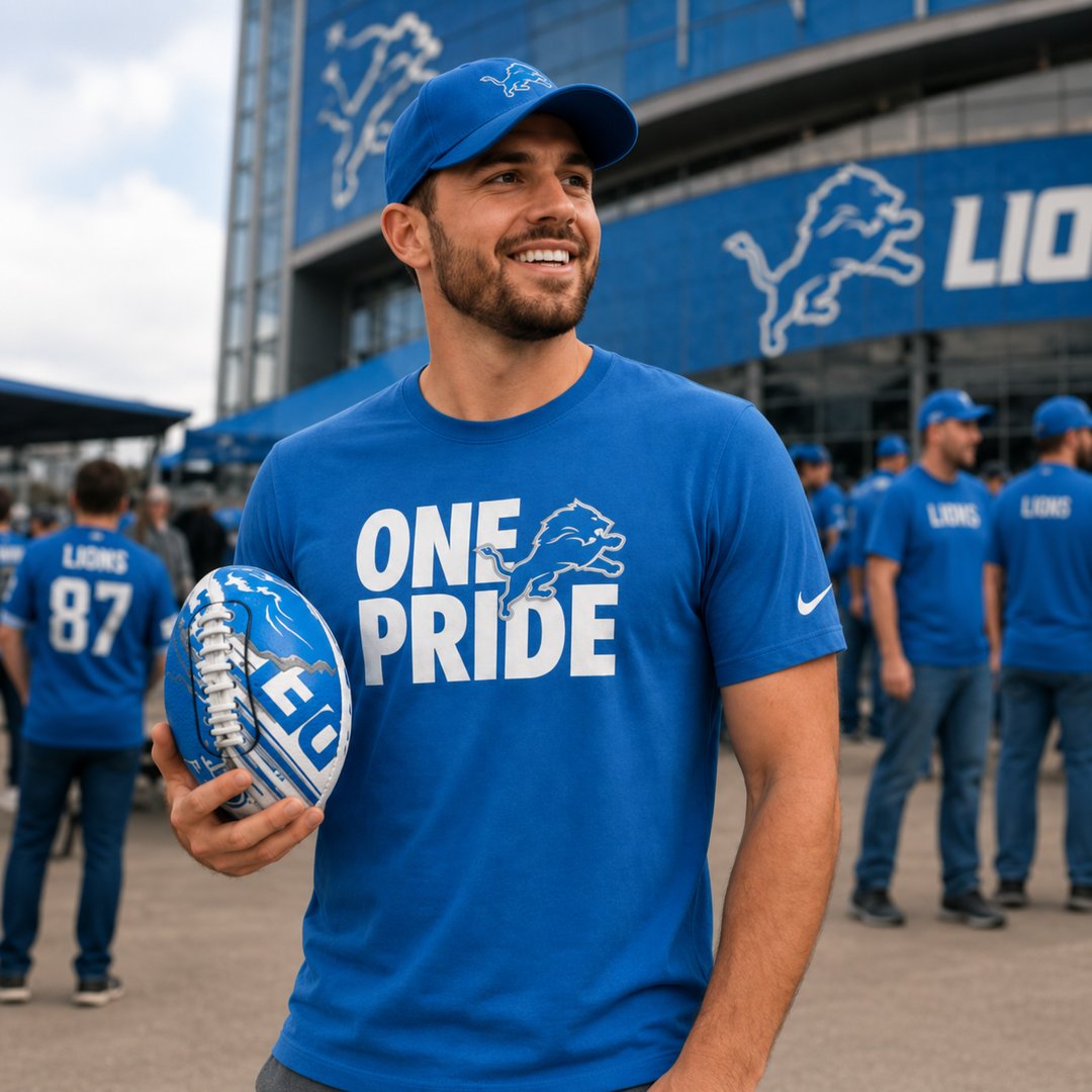 Detroit Lions NFL One Pride T-Shirt + Air Tech Mini Football Bundle – (UK Stock)