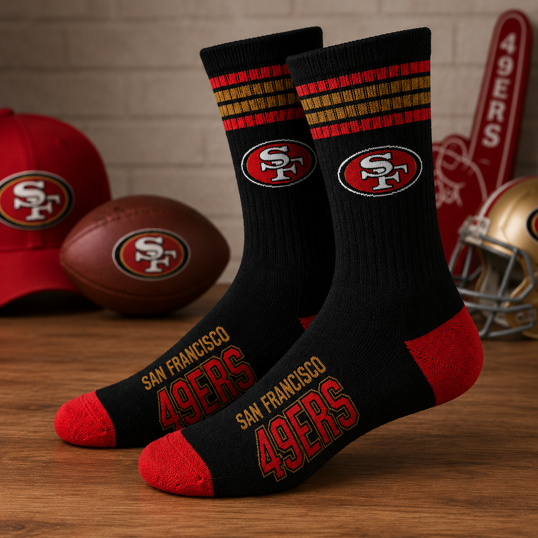 San Francisco 49ers NFL Bare Feet 4-Stripe Deuce Socks – Large (UK Stock)