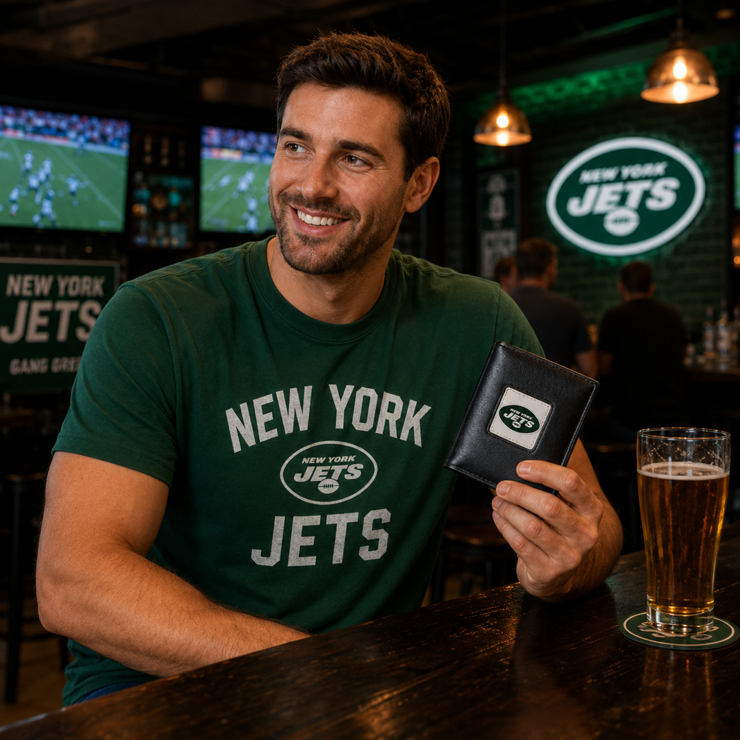 New York Jets NFL T-Shirt &amp; Wallet Bundle – Green/Black – Medium (UK Stock)