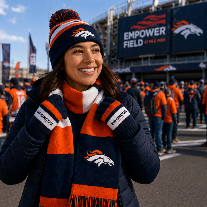 Denver Broncos Tri-Color Scarf &amp; Glove Gift Set (UK Stock)