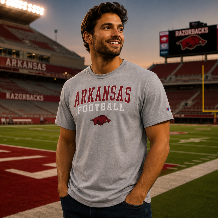 Arkansas Razorbacks Football T-Shirt - NCAA Champion Stack – Heather Gray – XL (UK Ready)