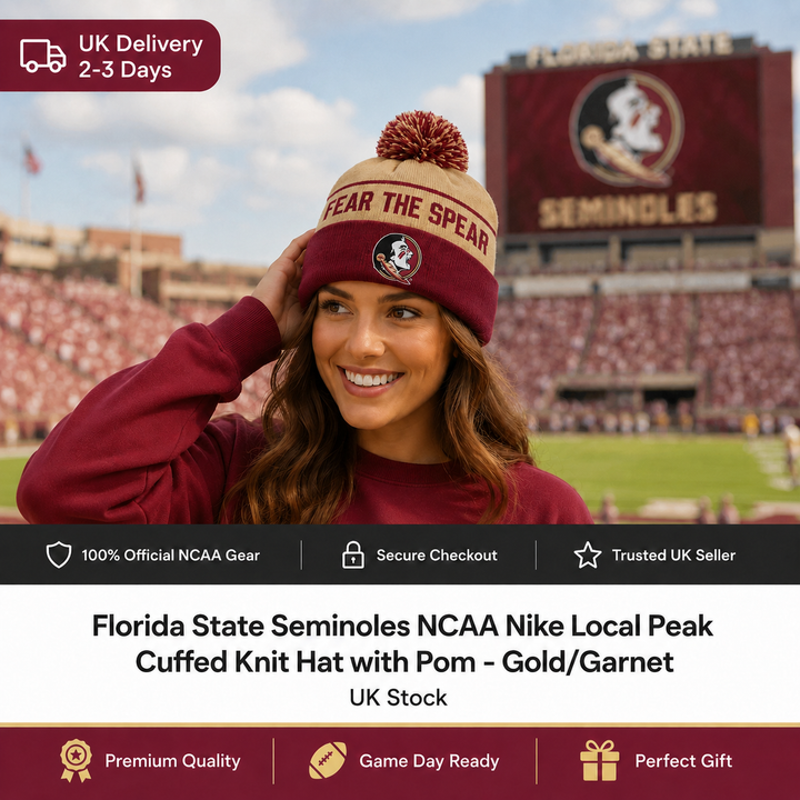 Florida State Seminoles NCAA Nike Local Peak Cuffed Knit Hat with Pom – Gold/Garnet (UK Stock)