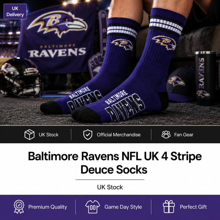 Baltimore Ravens NFL UK 4 Stripe Deuce Socks – Large (UK Stock)