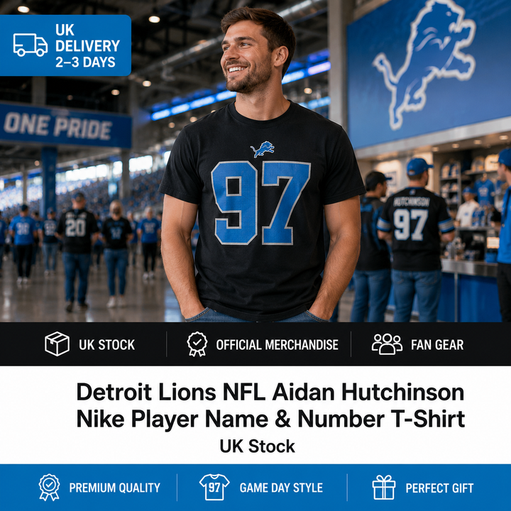 Detroit Lions NFL Aidan Hutchinson Nike Player Name &amp; Number T-Shirt – Black (UK Stock)