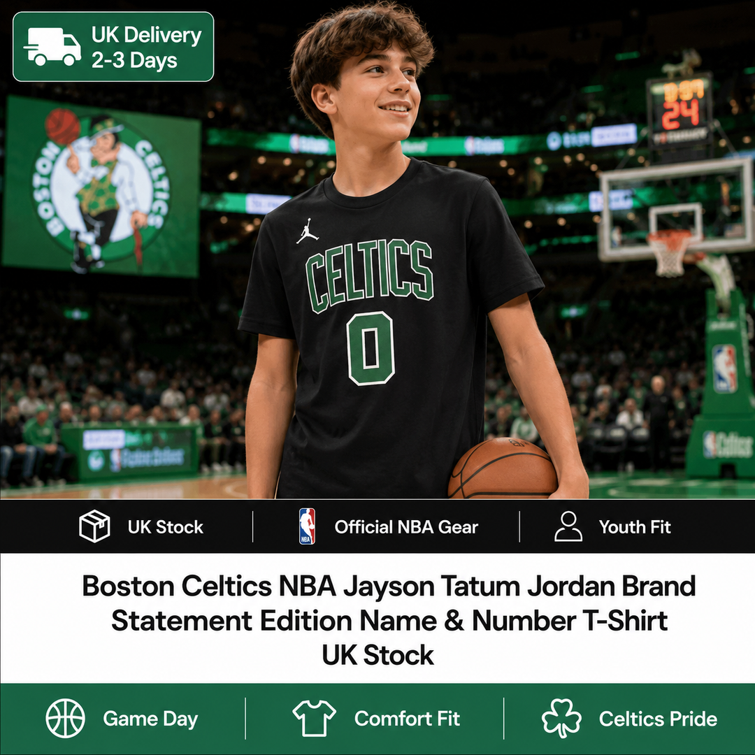 Boston Celtics NBA Jayson Tatum Jordan Brand Statement Edition Name &amp; Number T-Shirt – Black – Youth XL (UK Stock)