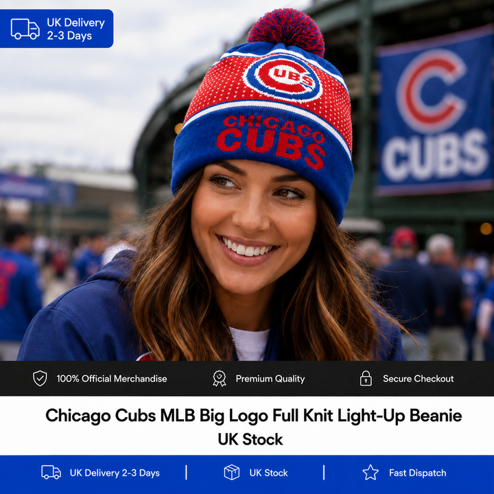 Chicago Cubs MLB Big Logo Full Knit Light-Up Beanie – Royal (UK Stock)