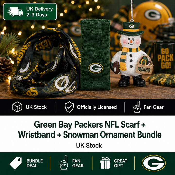 Green Bay Packers NFL Scarf + Wristband + Snowman Ornament Bundle – One Size (UK Stock)