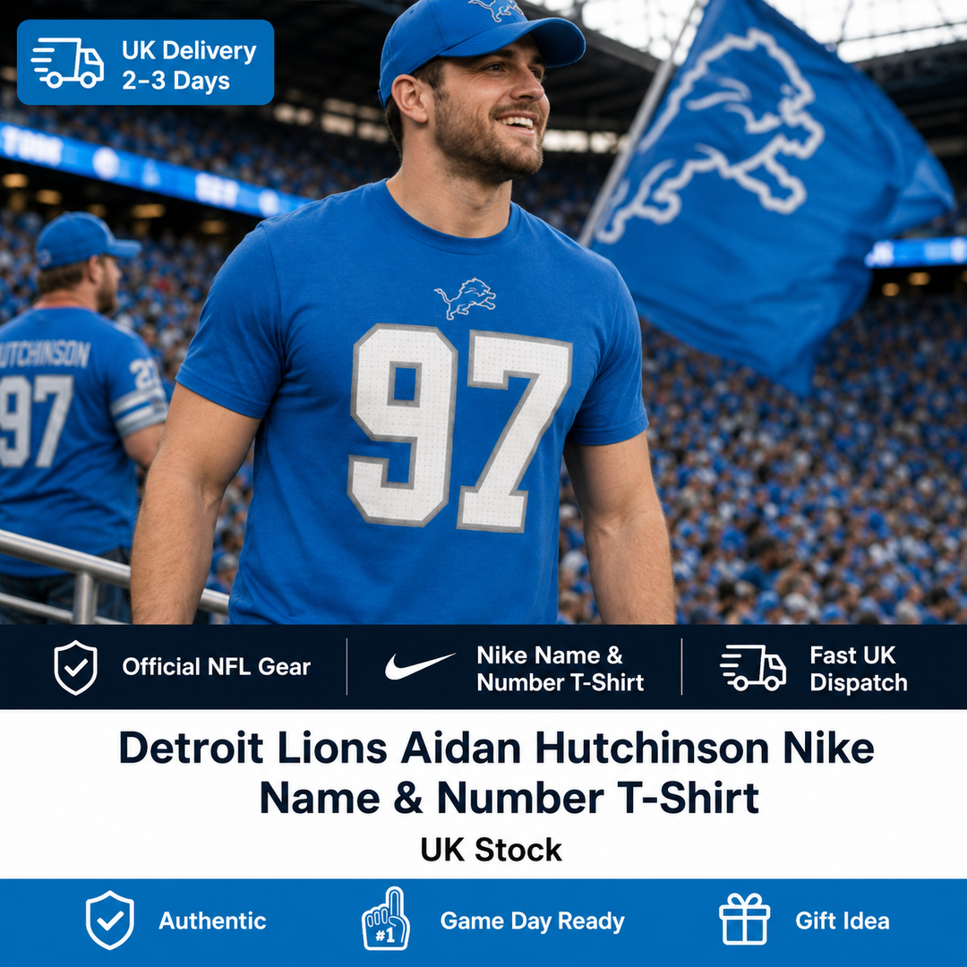 Detroit Lions NFL Aidan Hutchinson Nike Name &amp; Number T-Shirt – Blue – Large (UK Stock)