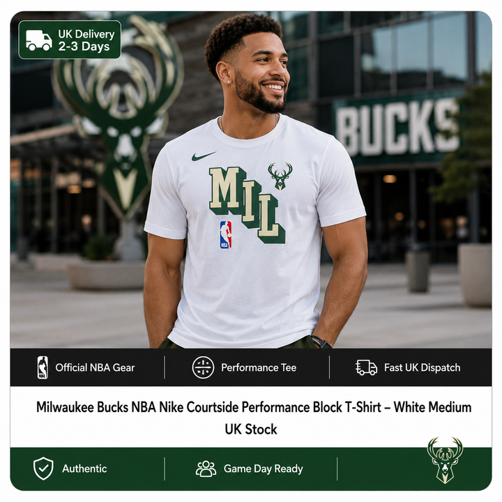 Milwaukee Bucks NBA Nike Courtside Performance Block T-Shirt – White Medium (UK Stock)