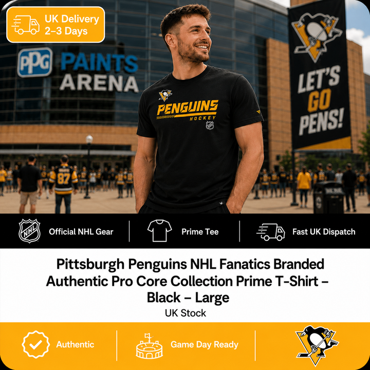 Pittsburgh Penguins NHL Fanatics Branded Authentic Pro Core Collection Prime T-Shirt – Black – Large (UK Stock)