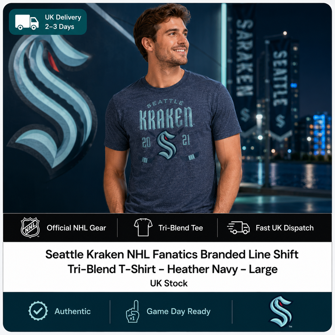 Seattle Kraken NHL Fanatics Branded Line Shift Tri-Blend T-Shirt – Heather Navy – Large (UK Stock)