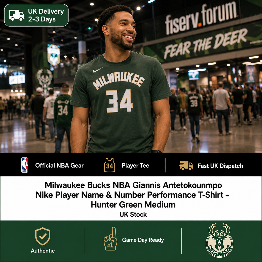 Milwaukee Bucks NBA Giannis Antetokounmpo Nike Player Name &amp; Number Performance T-Shirt – Hunter Green Medium (UK Stock)