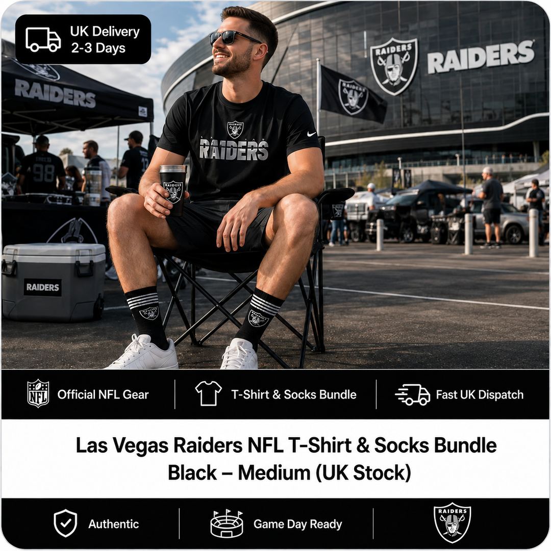 Las Vegas Raiders NFL T-Shirt &amp; Socks Bundle – Black – Medium (UK Stock)
