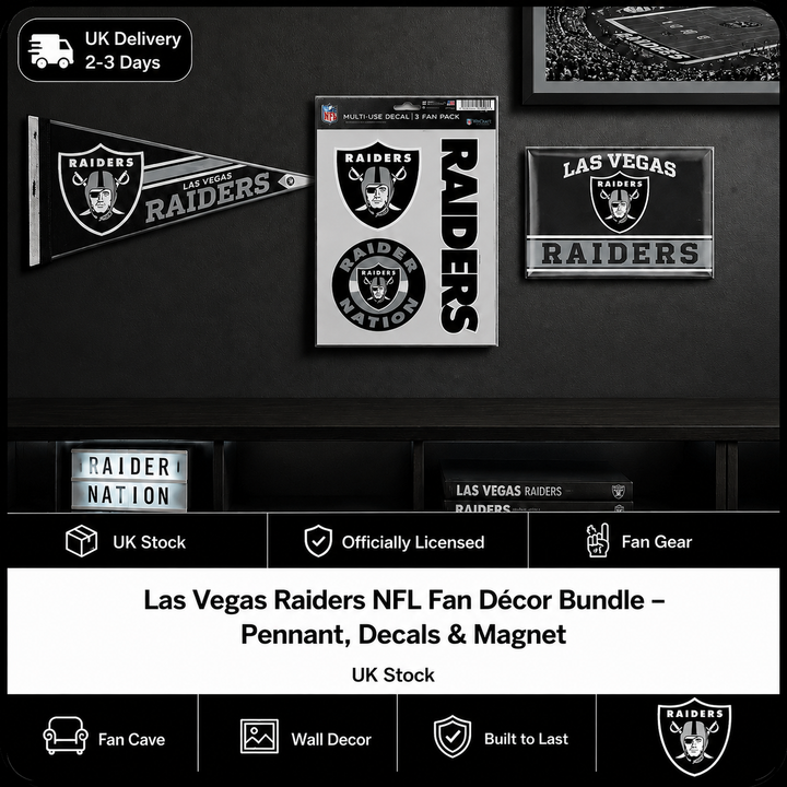Las Vegas Raiders NFL Fan Décor Bundle – Pennant, Decals &amp; Magnet – (UK Stock)