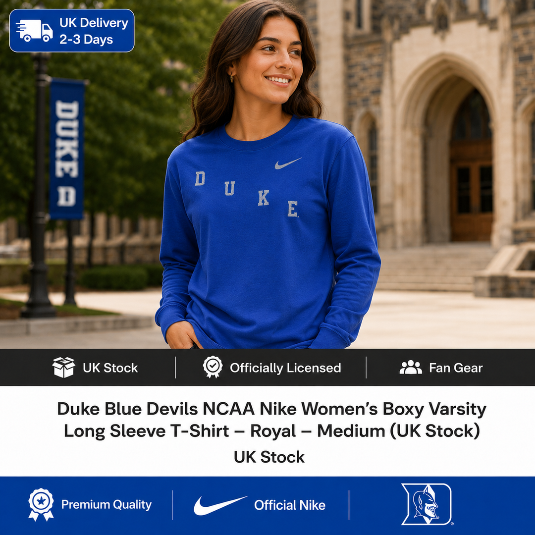 Duke Blue Devils NCAA Nike Women’s Boxy Varsity Long Sleeve T-Shirt – Royal – Medium (UK Stock)