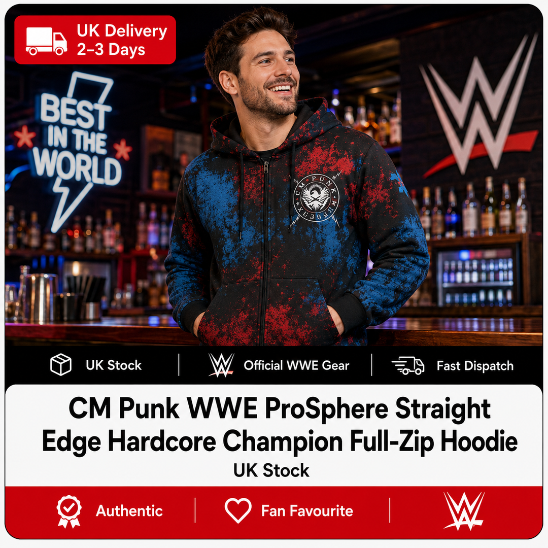 CM Punk WWE ProSphere Straight Edge Hardcore Champion Full-Zip Hoodie – Black – Medium (UK Stock)