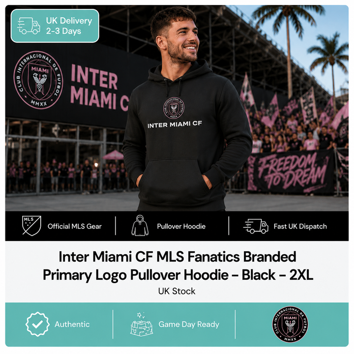 Inter Miami CF MLS Fanatics Branded Primary Logo Pullover Hoodie – Black – 2XL (UK Stock)