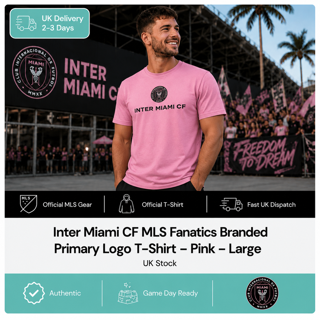 Inter Miami CF MLS Fanatics Branded Primary Logo T-Shirt – Pink – Large (UK Stock)