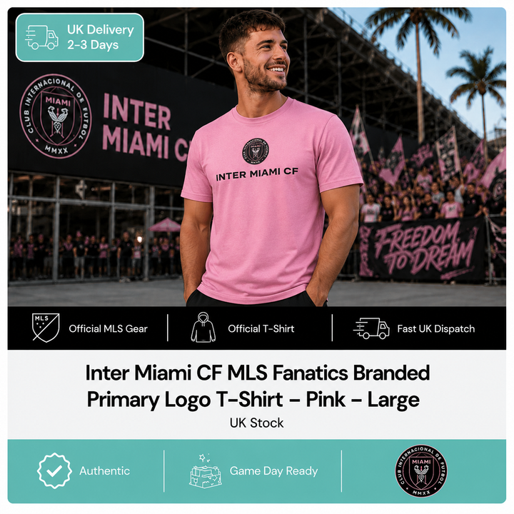 Inter Miami CF MLS Fanatics Branded Primary Logo T-Shirt – Pink – Large (UK Stock)