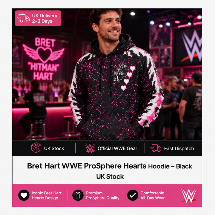 Bret Hart WWE ProSphere Hearts Hoodie – Black – XL (UK Stock)