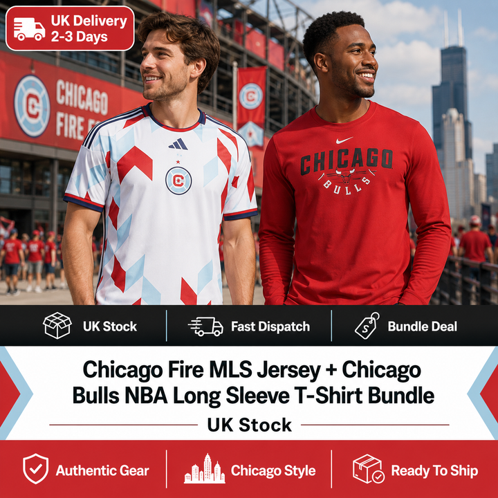 Chicago Fire MLS Jersey + Chicago Bulls NBA Long Sleeve T-Shirt Bundle – 2XL (UK Stock)