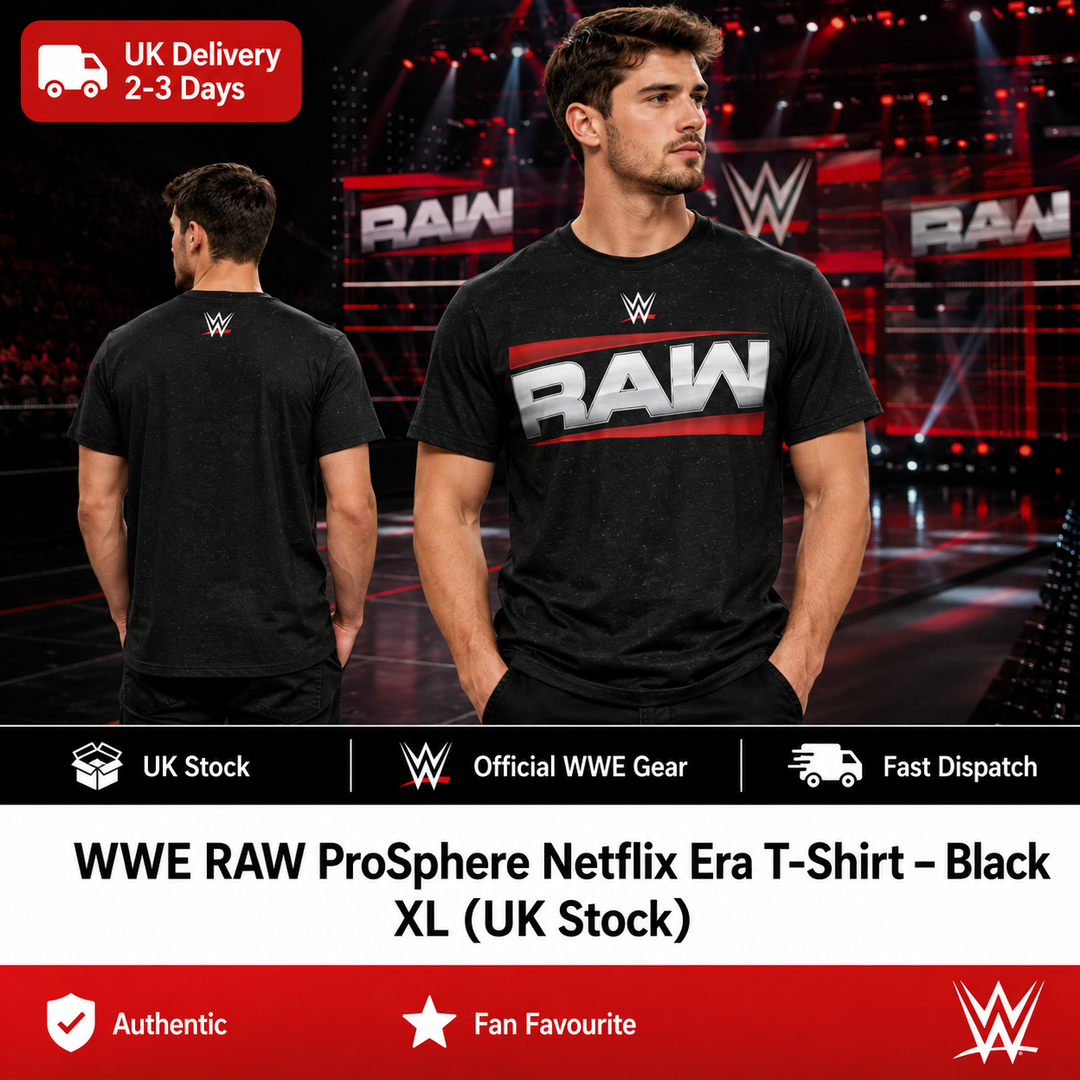 WWE RAW ProSphere Netflix Era T-Shirt – Black – XL (UK Stock)