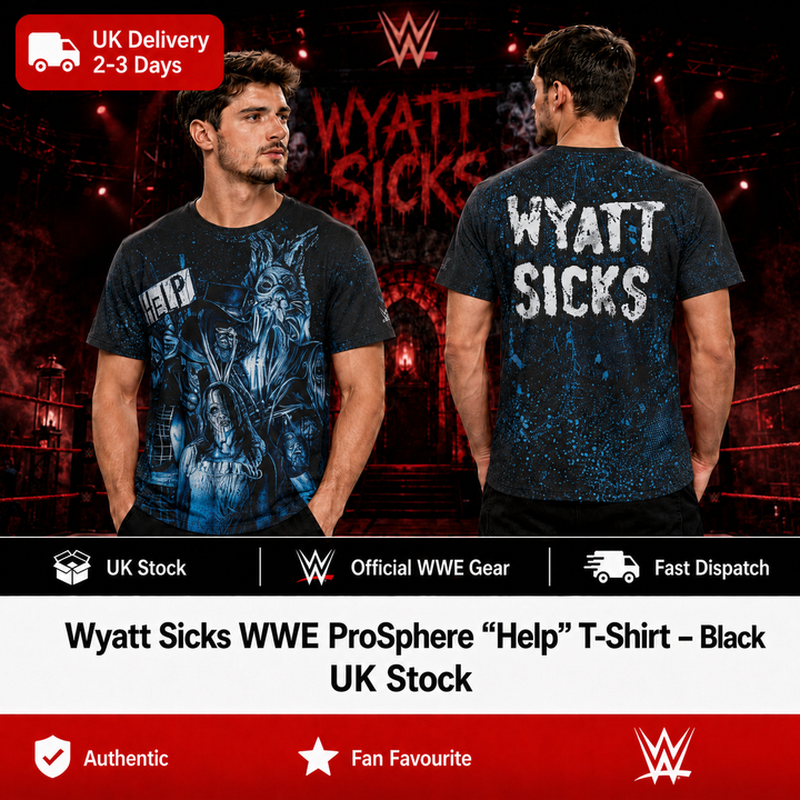 Wyatt Sicks WWE ProSphere “Help” T-Shirt – Black (UK Stock)
