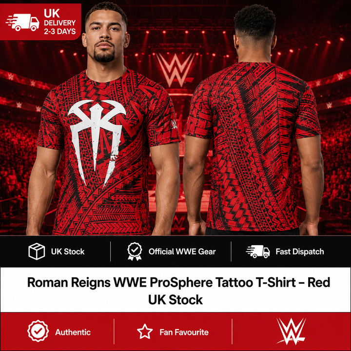 Roman Reigns WWE ProSphere Tattoo T-Shirt – Red (UK Stock)