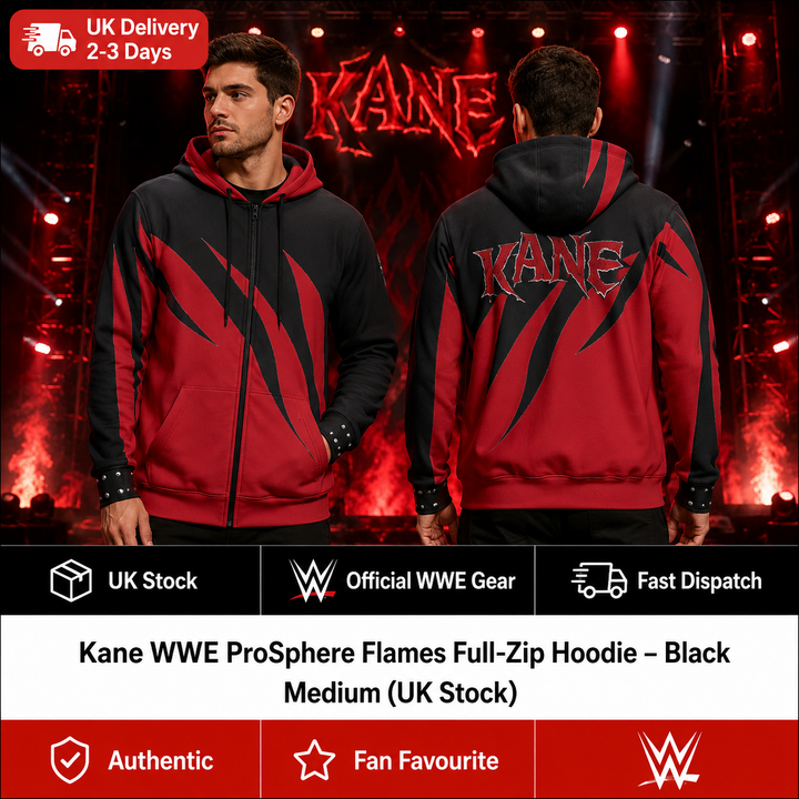 Kane WWE ProSphere Flames Full-Zip Hoodie – Black – Medium (UK Stock)