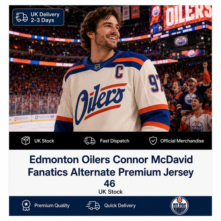 Edmonton Oilers NHL Connor McDavid Fanatics Alternate Premium Jersey – Light Beige – Size 46 (UK Stock)
