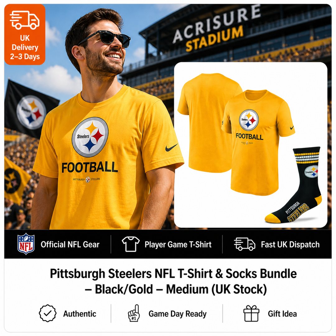 Pittsburgh Steelers NFL T-Shirt &amp; Socks Bundle – Black/Gold – Medium (UK Stock) - UKASSNI