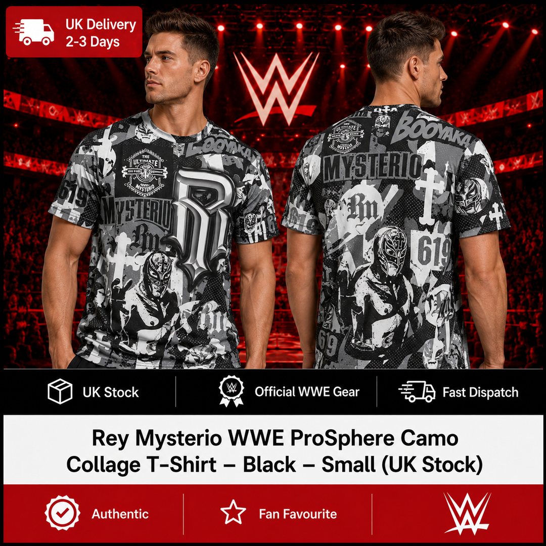 Rey Mysterio WWE ProSphere Camo Collage T-Shirt – Black – Small (UK Stock)