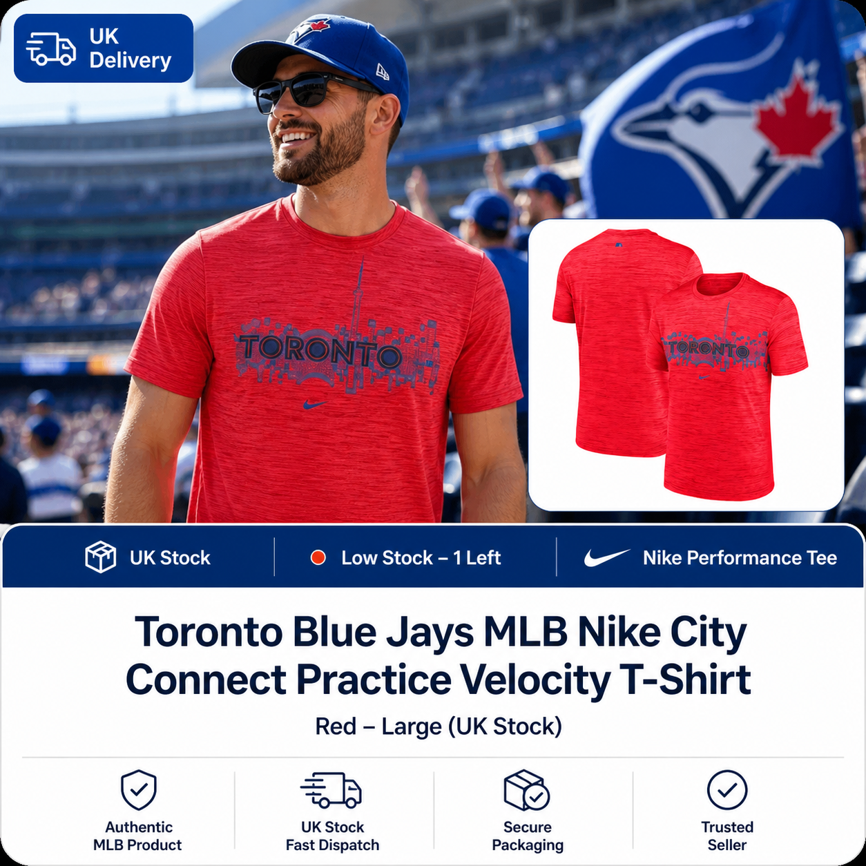 Toronto Blue Jays MLB Nike City Connect Authentic Collection Practice Velocity Performance T-Shirt – Red – Large (UK Stock) - UKASSNI