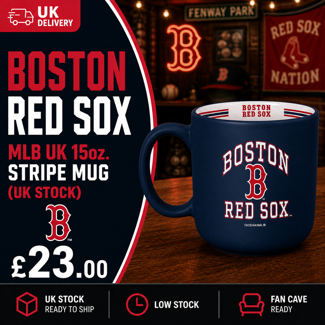 Boston Red Sox MLB UK 15 oz. Stripe Mug – Navy (UK Stock) - UKASSNI