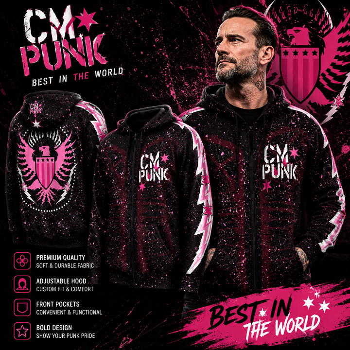 CM Punk WWE ProSphere Lightning Full-Zip Hoodie – Black (UK Stock)