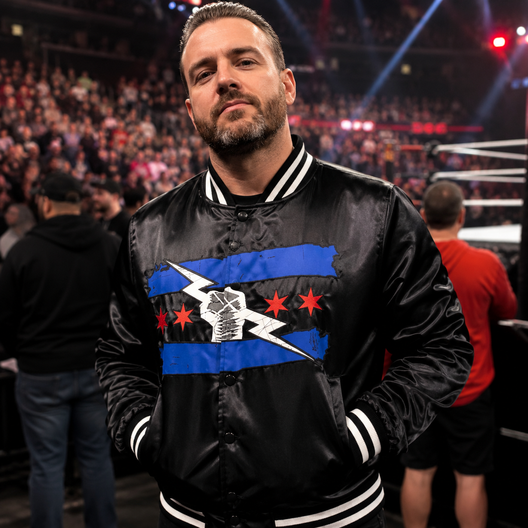 CM Punk Chicago Made - WWE Full Snap Bomber Jacket - Black (USA Sourced)
