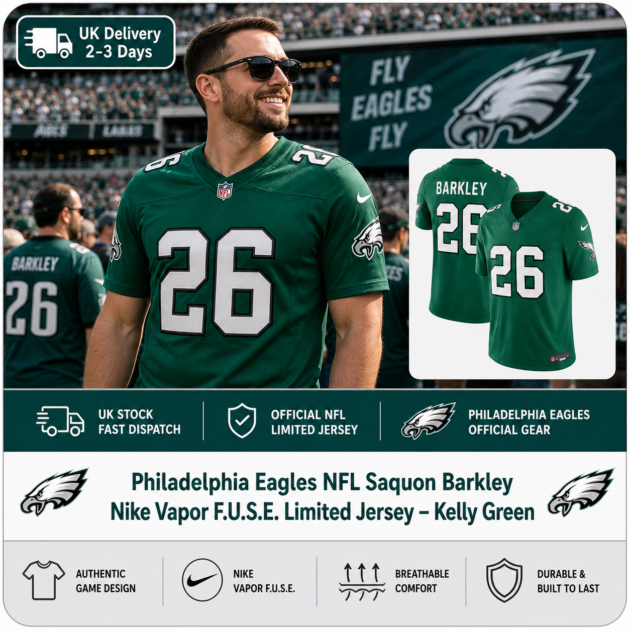 Philadelphia Eagles NFL Saquon Barkley Nike Vapor F.U.S.E. Limited Jersey – Kelly Green – Medium (UK Stock) - UKASSNI