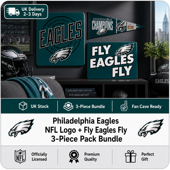 Philadelphia Eagles NFL Logo + “Fly Eagles Fly” 3-Piece Pack Bundle – (UK Stock) - UKASSNI