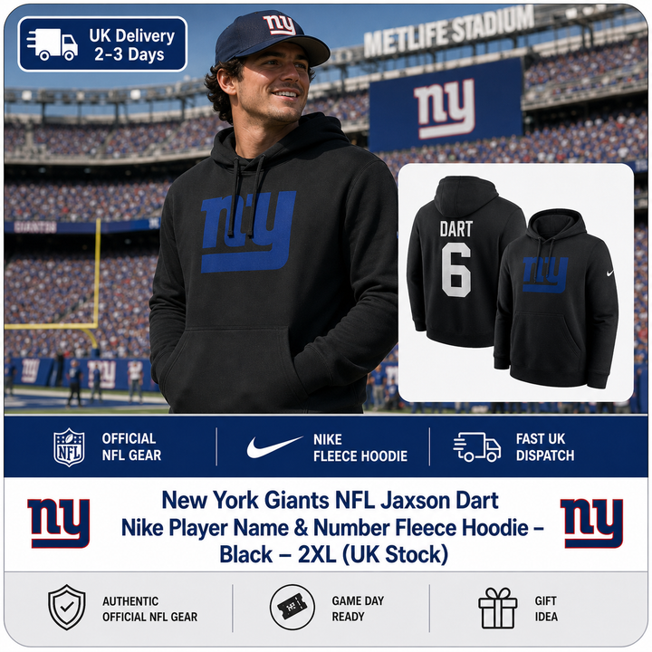 New York Giants NFL Jaxson Dart Nike Player Name &amp; Number Fleece Hoodie – Black – 2XL (UK Stock) - UKASSNI