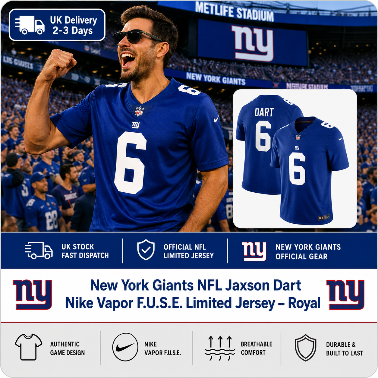 New York Giants NFL Jaxson Dart Nike Vapor F.U.S.E. Limited Jersey – Royal – 2XL (UK Stock) - UKASSNI