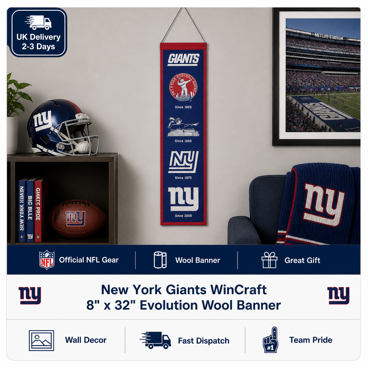 New York Giants Wincraft 8" x 32" Evolution Wool Banner (UK Stock) - UKASSNI