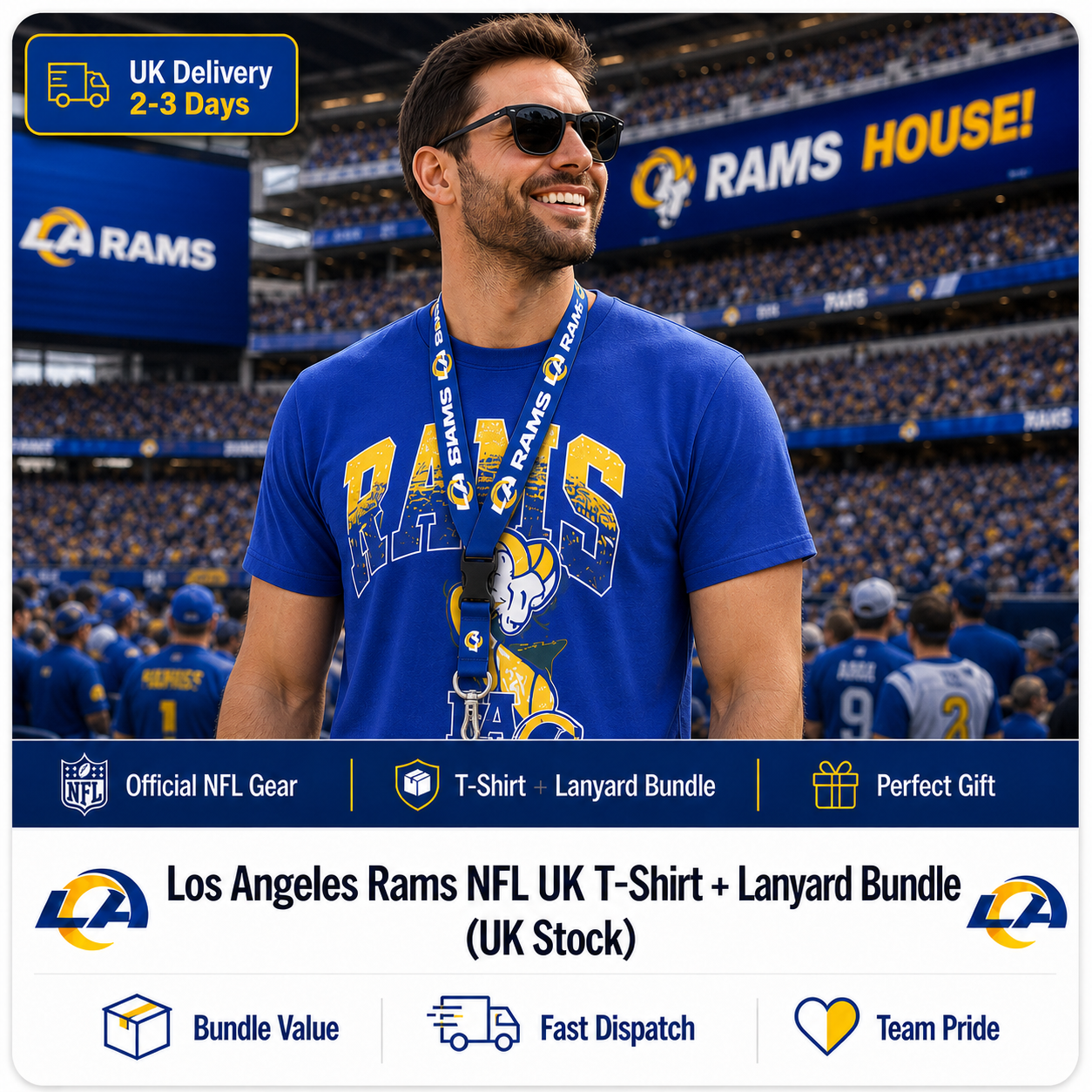 Los Angeles Rams NFL UK T-Shirt + Lanyard Bundle (UK Stock) - UKASSNI