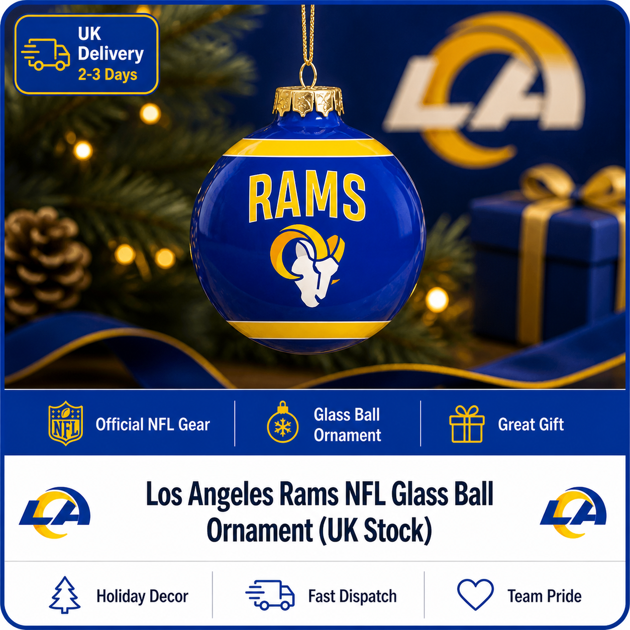 Los Angeles Rams NFL Glass Ball Ornament (UK Stock) - UKASSNI