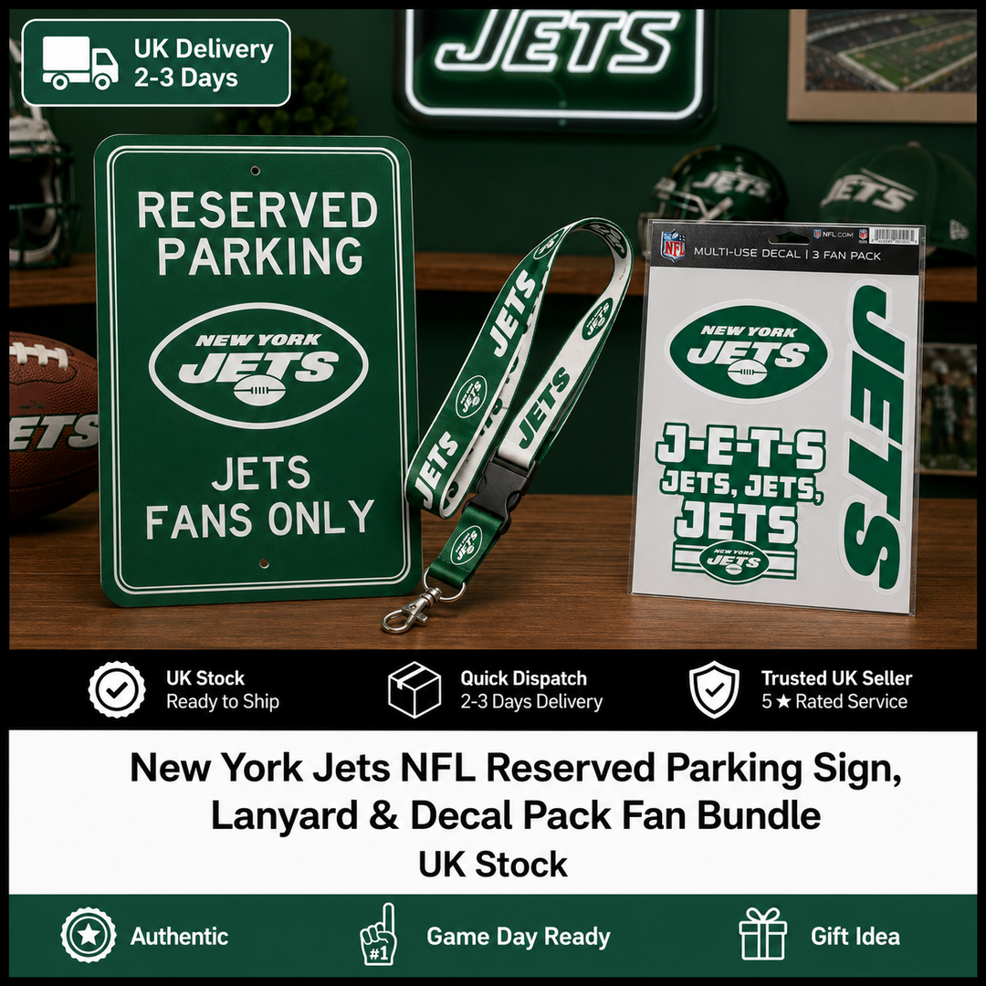 New York Jets NFL Reserved Parking Sign, Lanyard &amp; Decal Pack Fan Bundle – Green/White (UK Stock)