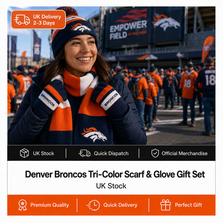 Denver Broncos Tri-Color Scarf &amp; Glove Gift Set (UK Stock)