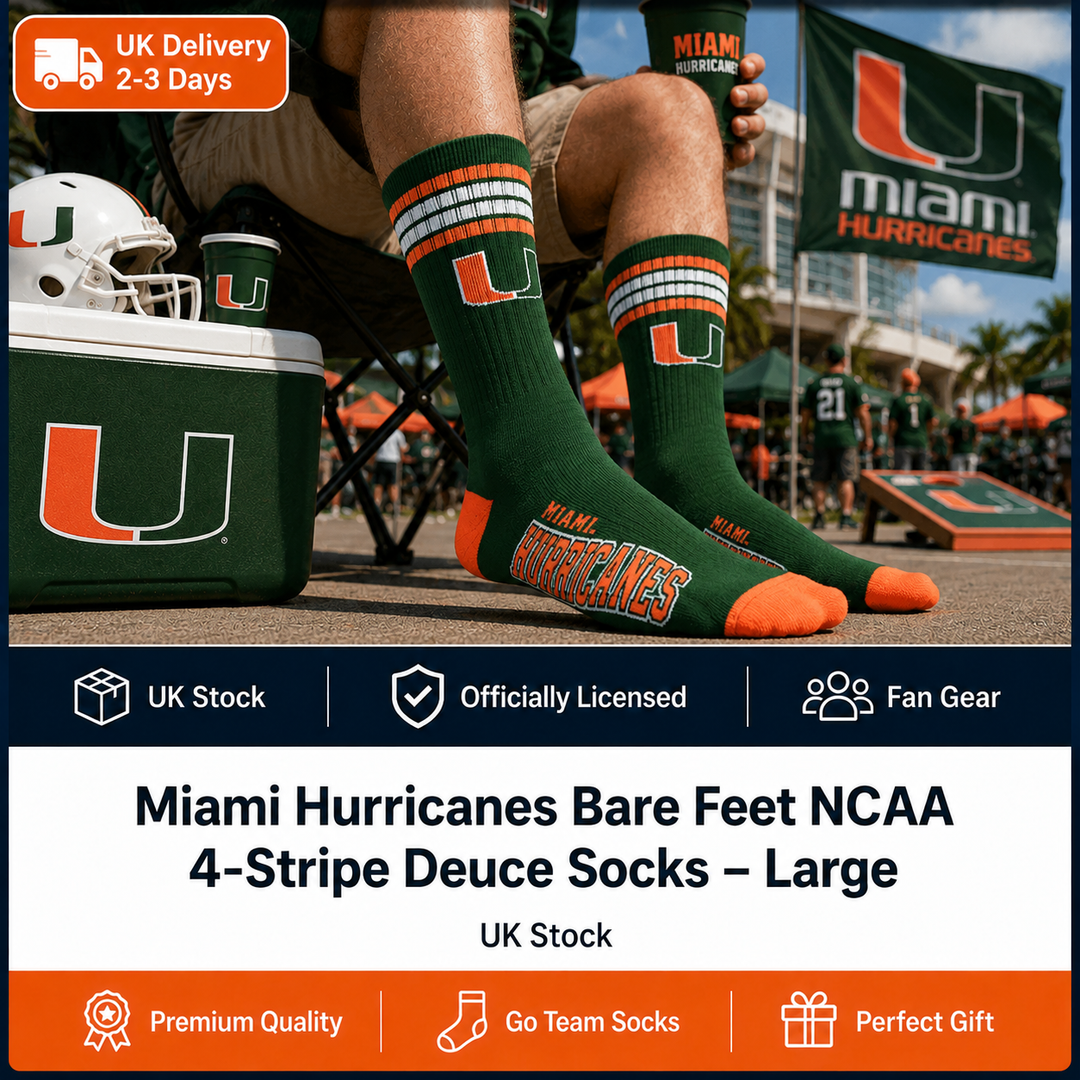 Miami Hurricanes Bare Feet NCAA 4-Stripe Deuce Socks – Large (UK Stock)