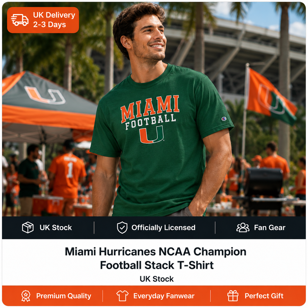 Miami Hurricanes NCAA Champion Football Stack T-Shirt – Green – Medium (UK Stock)